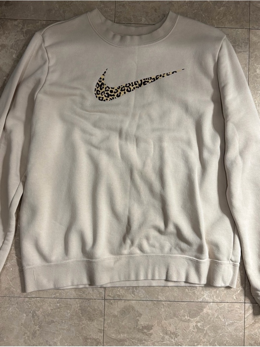Nike Cream Crewneck with Leopard Swoosh Accent